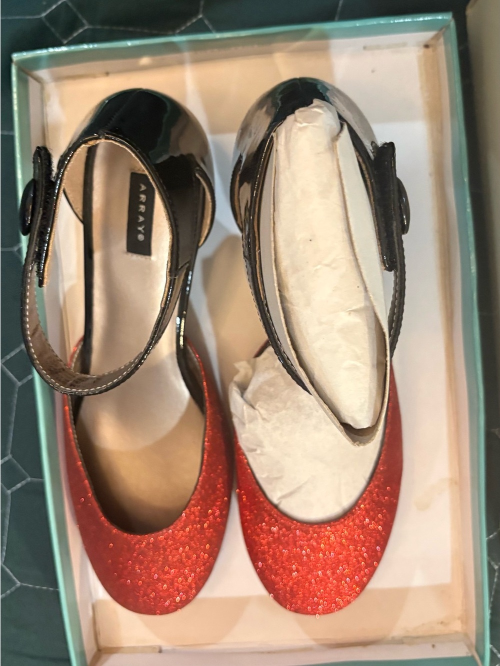 Array Red Glitter Mary Jane Flats with Black Patent Strap